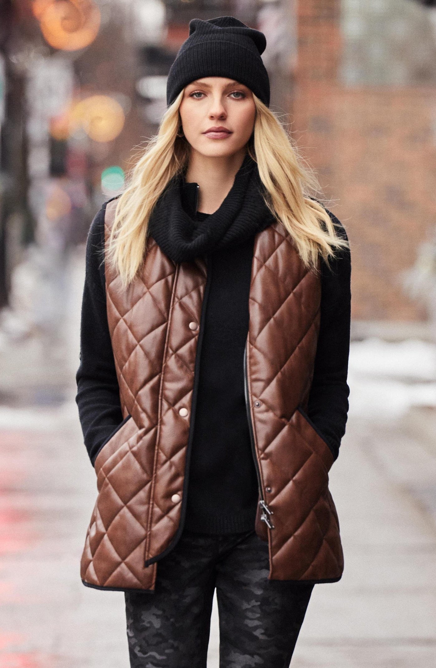 Long Quilted Faux Leather Vest Charlie B