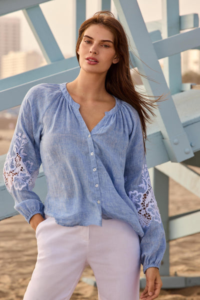 Linen Blend Button-Front Blouse with Embroidery Charlie B