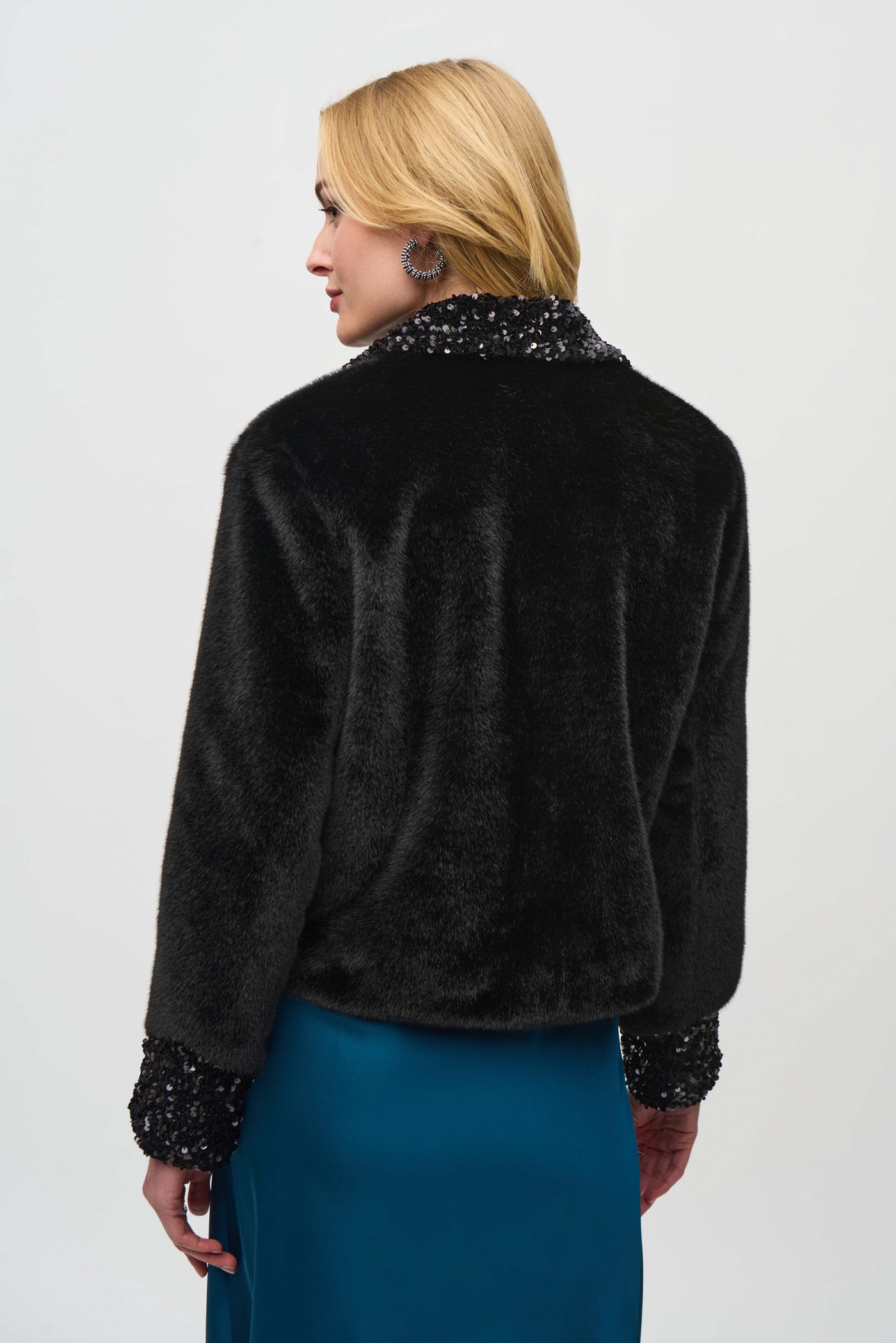 Faux Fur Jacket with Sequins Trim Joseph Ribkoff