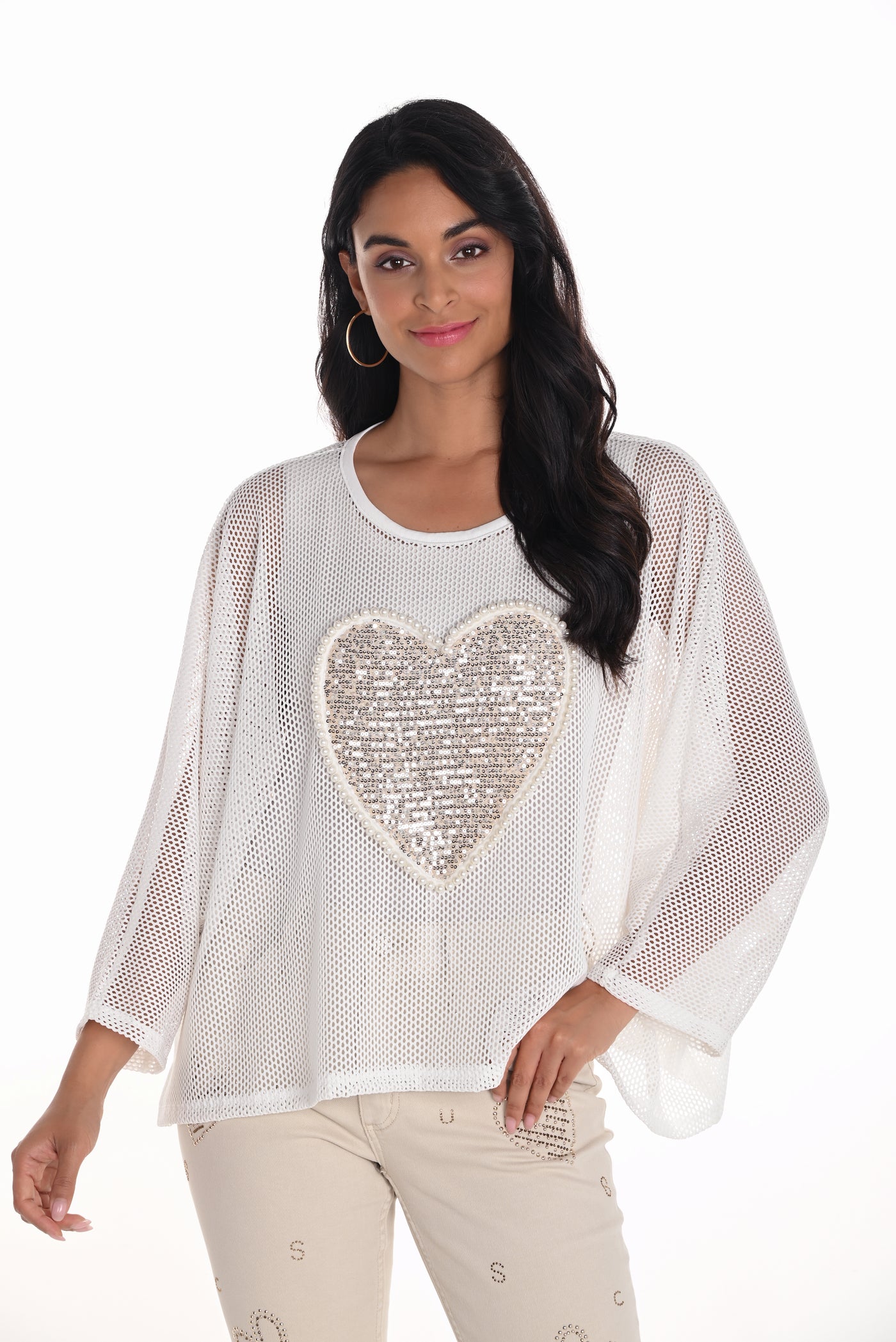 Sequin Heart Mesh Top Frank Lyman