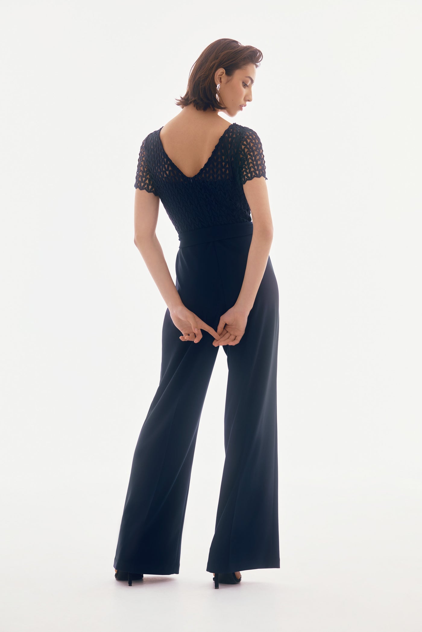 Signature Silky Knit And Guipure Wide Leg Jumpsuit Joseph Ribkoff