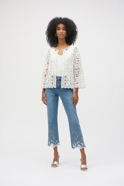 Stretch Straight Crop Jeans with Embroidery