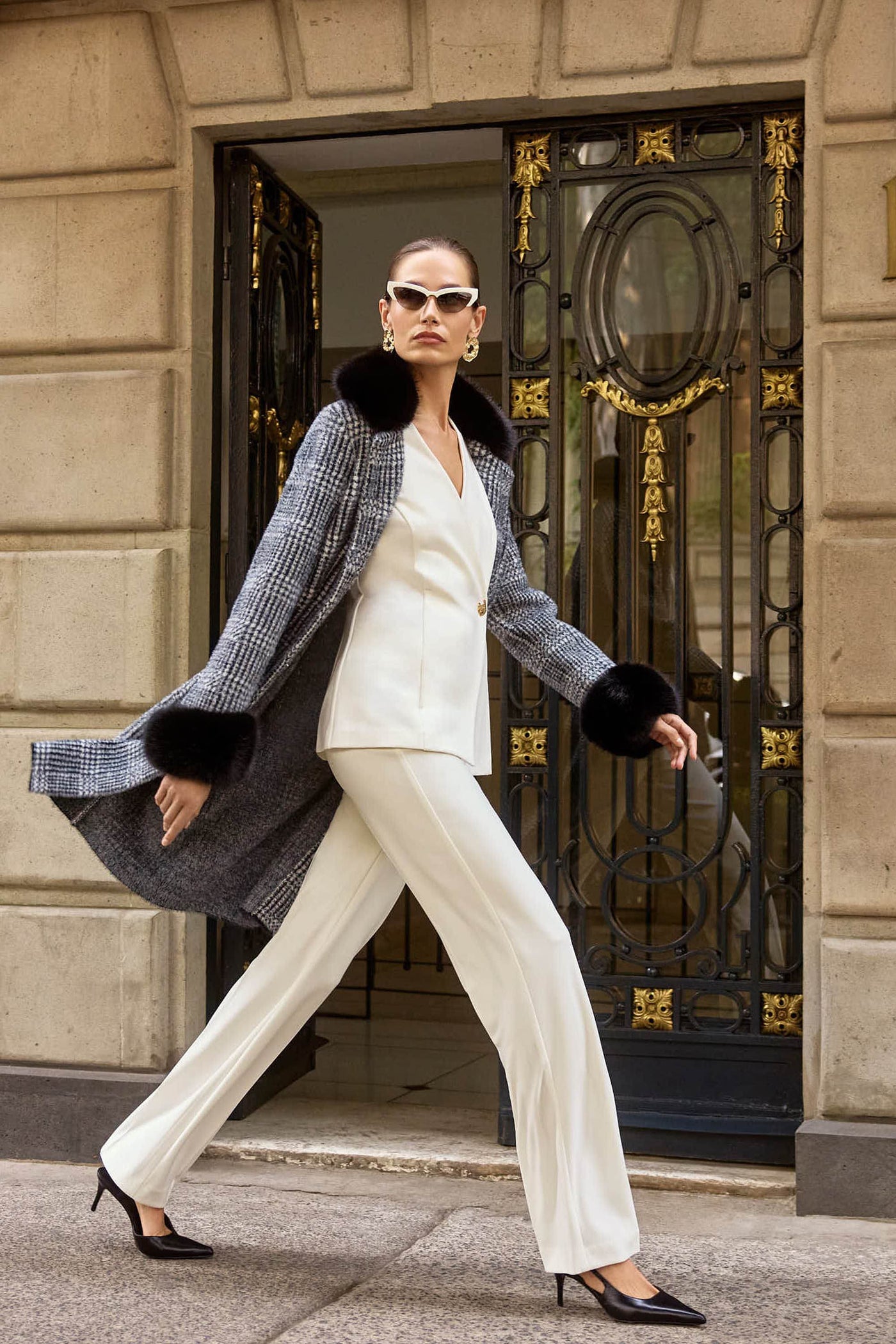 Feather Yarn Plaid Jacquard Coat with Faux Fur Trim - Dream Pants