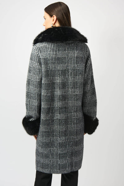 Feather Yarn Plaid Jacquard Coat with Faux Fur Trim - Dream Pants