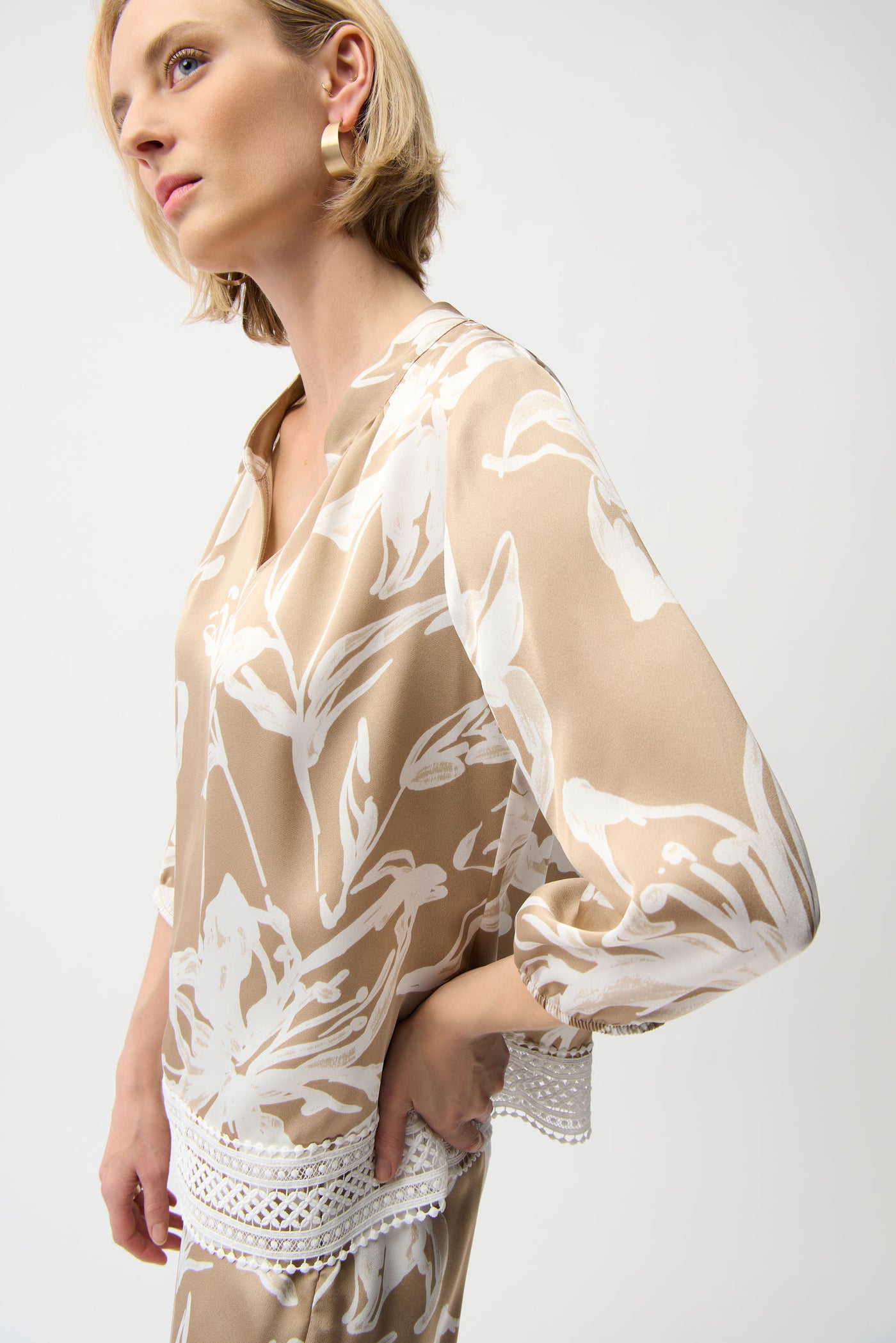 Satin Floral Print Straight Top With Mandarin Collar Joseph Ribkoff