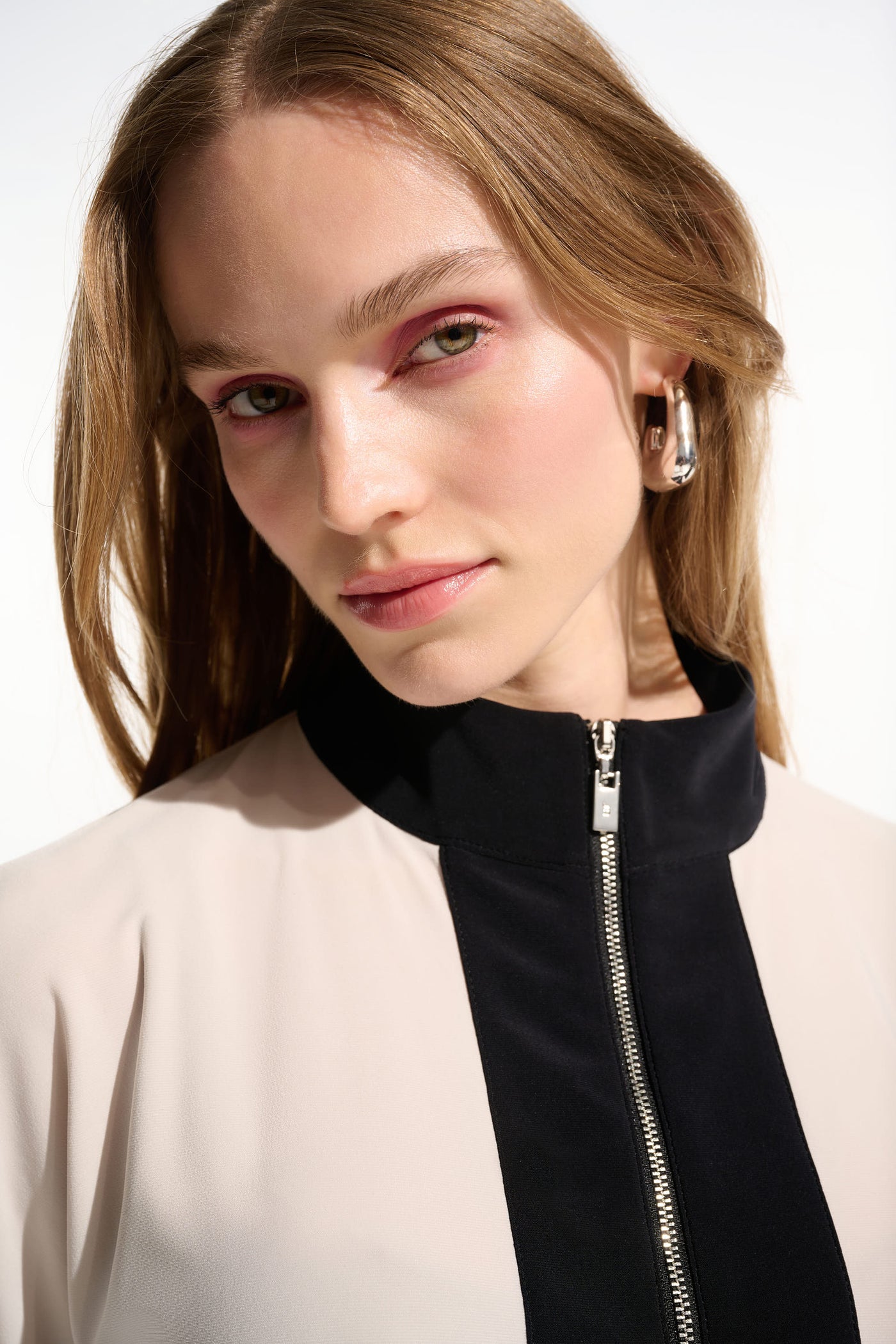 Silky Knit Color Block Straight Top With Zipped Collar Joseph Ribkoff