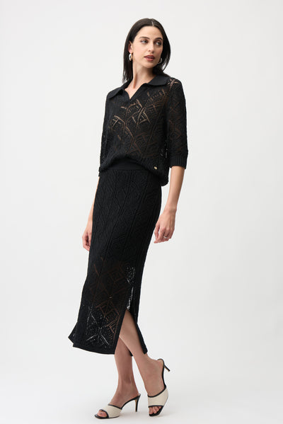 Cotton Blend Open Stitch Sweater with Polo Collar Joseph Ribkoff