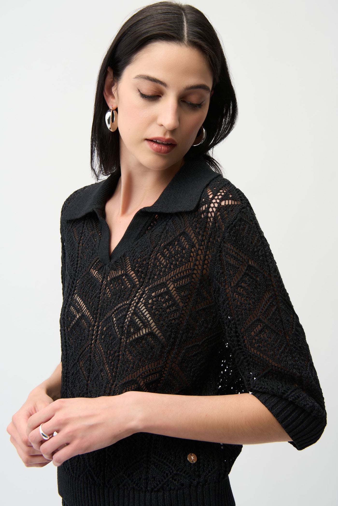 Cotton Blend Open Stitch Sweater with Polo Collar Joseph Ribkoff