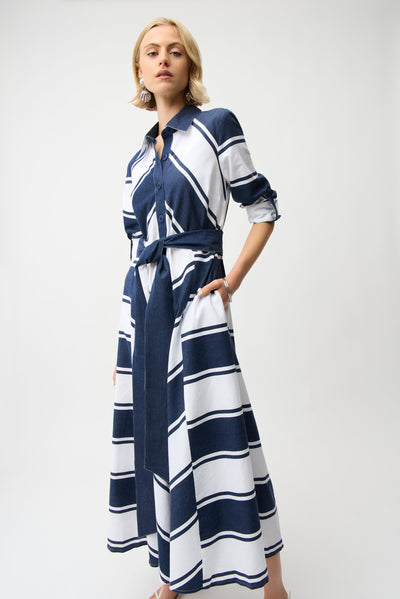 Cotton Stripe Print and Flare Dress with Reversible Sash Joseph Ribkoff