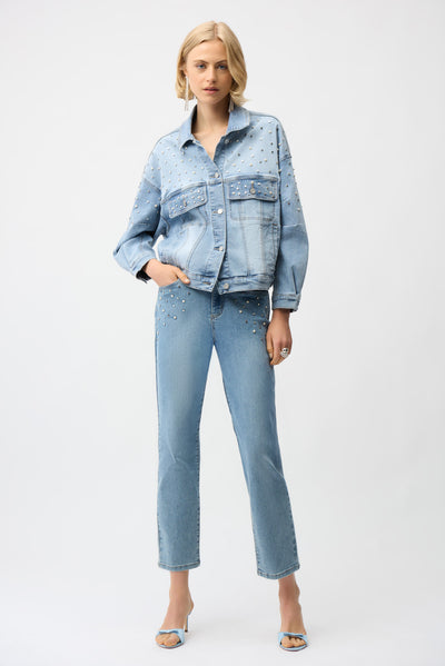 Denim Oversized Jacket With Pearls and Studs Joseph Ribkoff