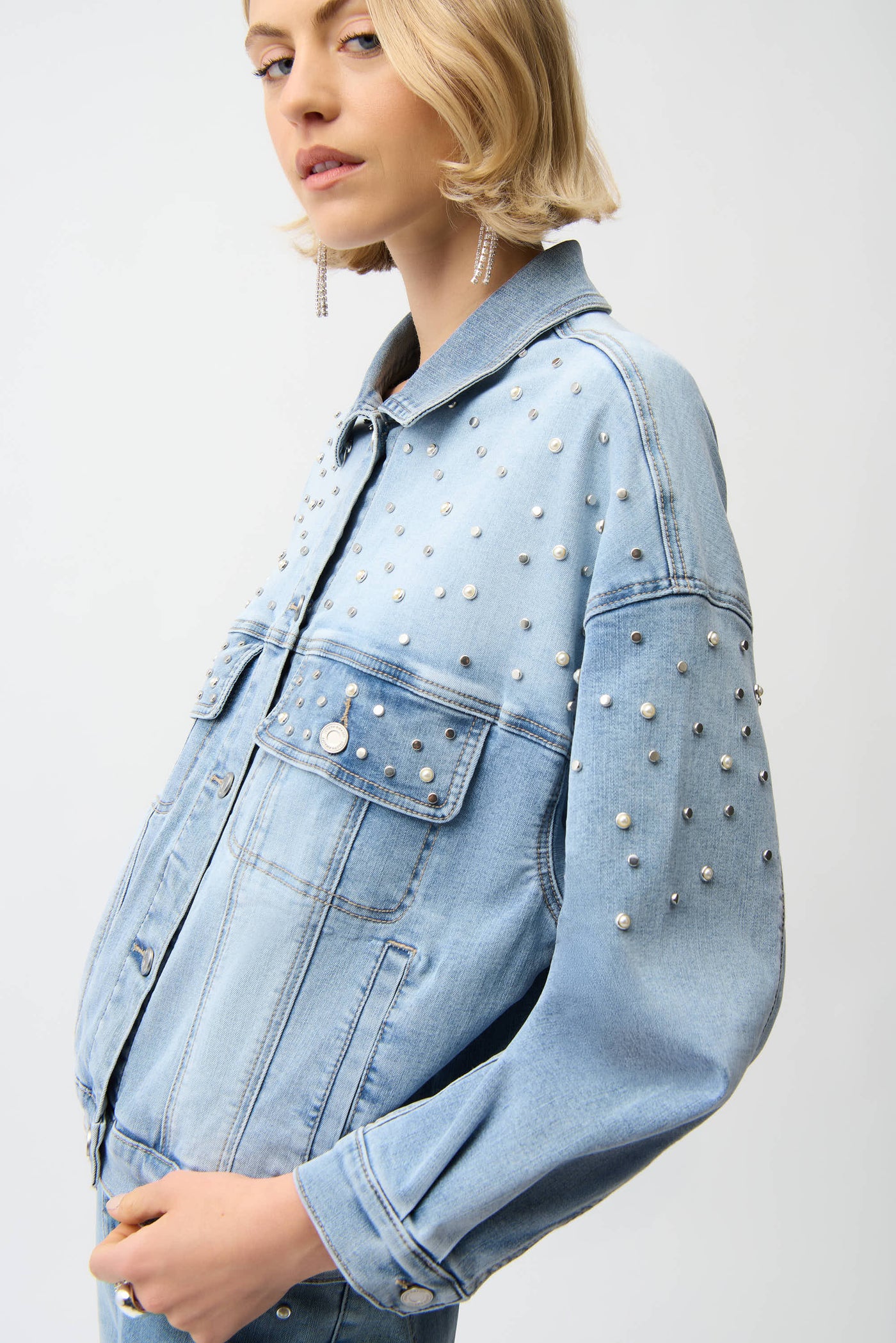 Denim Oversized Jacket With Pearls and Studs Joseph Ribkoff