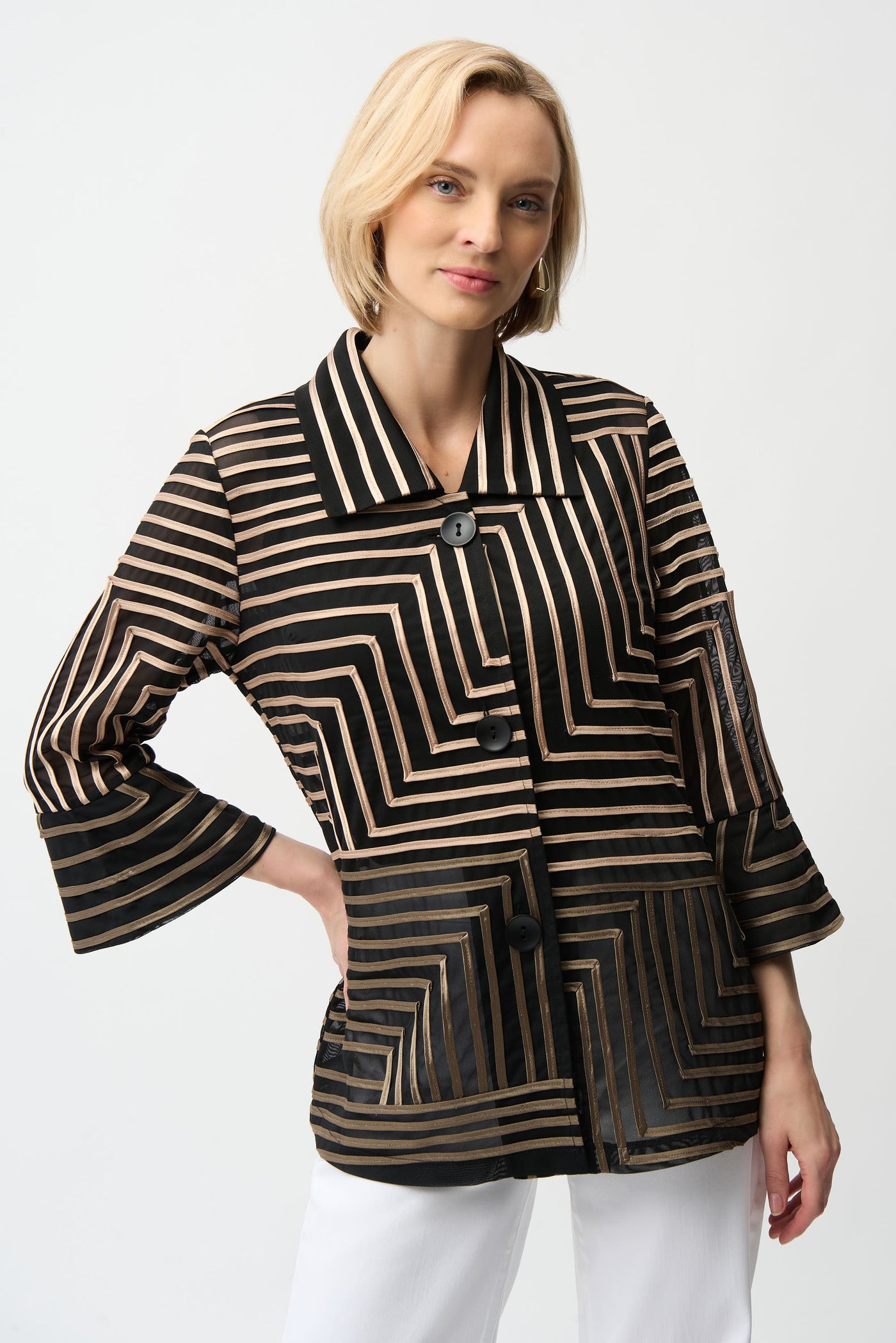 Satin And Mesh Abstract Print Jacket With Bell Sleeve Joseph Ribkoff