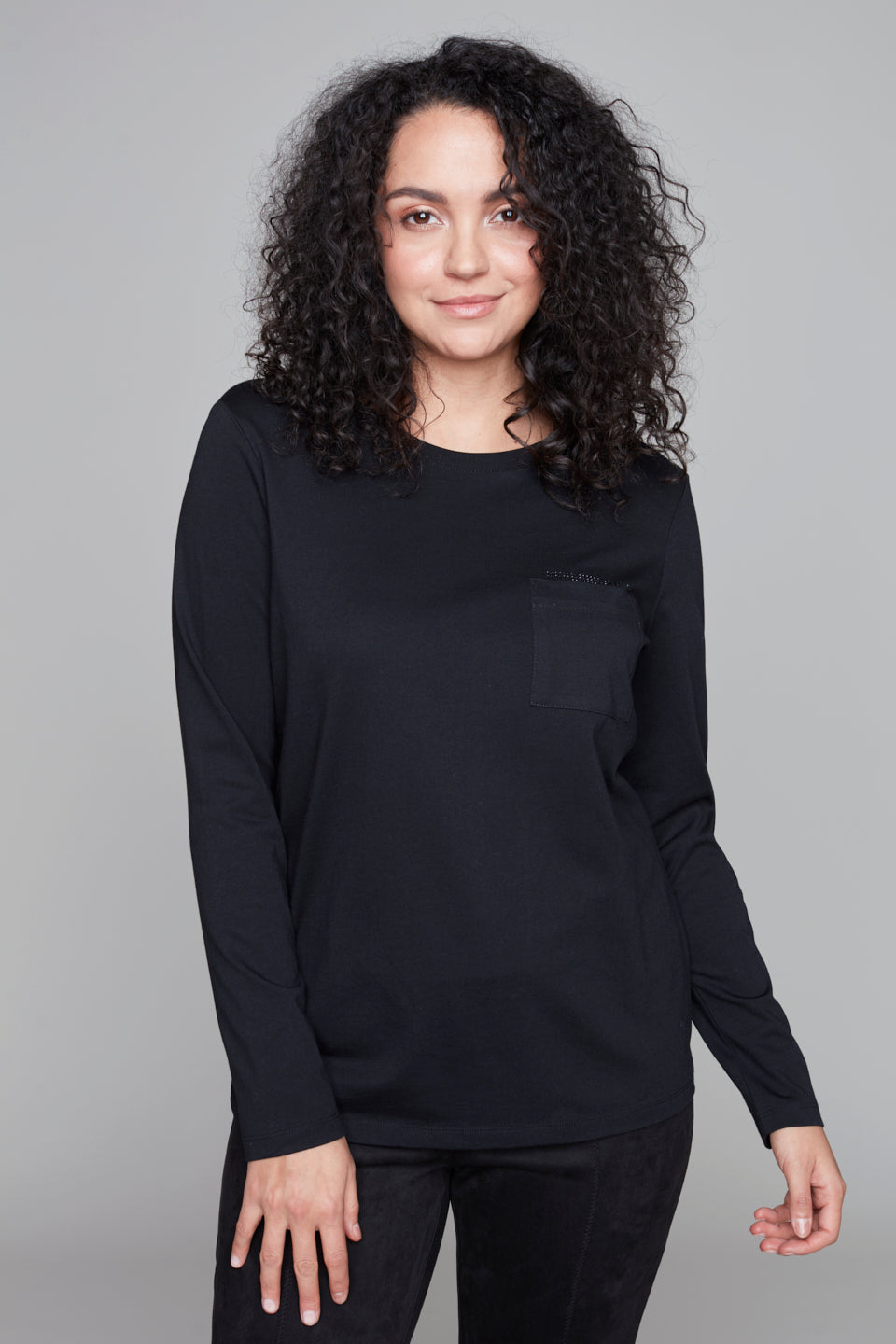 Long Sleeve Tshirt with Front Pocket Carre Noir