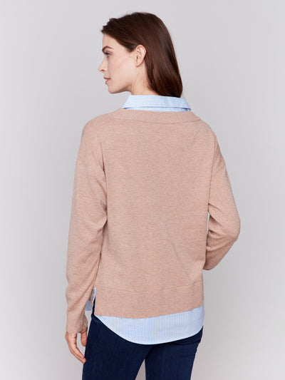 V-Neck Fooler Sweater with Shirt Collar Charlie B