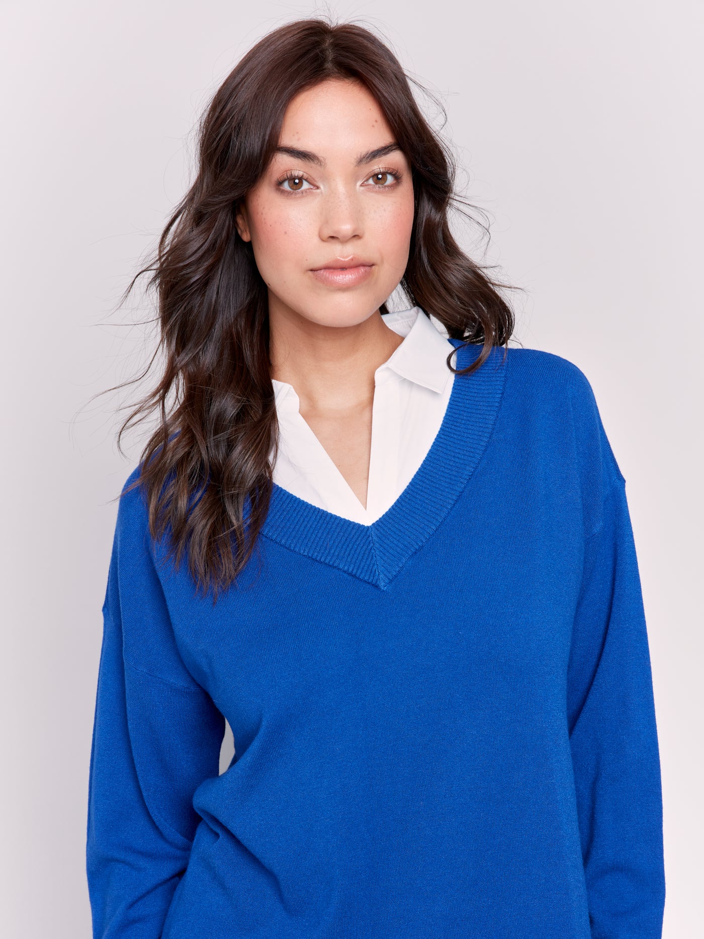 V-Neck Fooler Sweater with Shirt Collar Charlie B