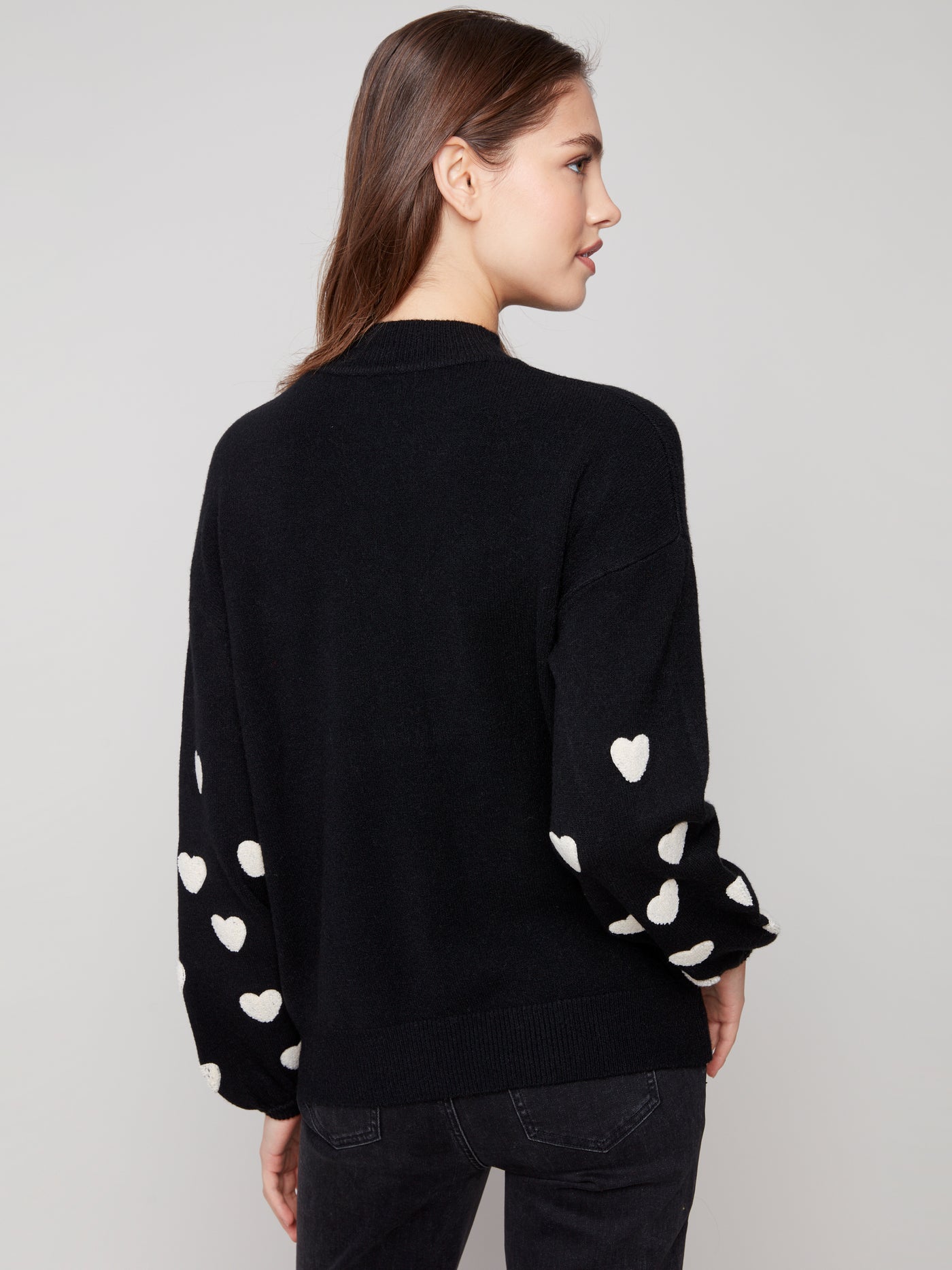 Mock Neck Sweater With Embroidered Hearts Charlie B