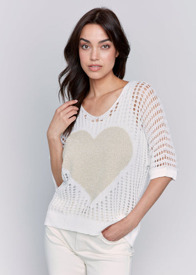 Fishnet V-Neck Sweater with Gold Heart Charlie B