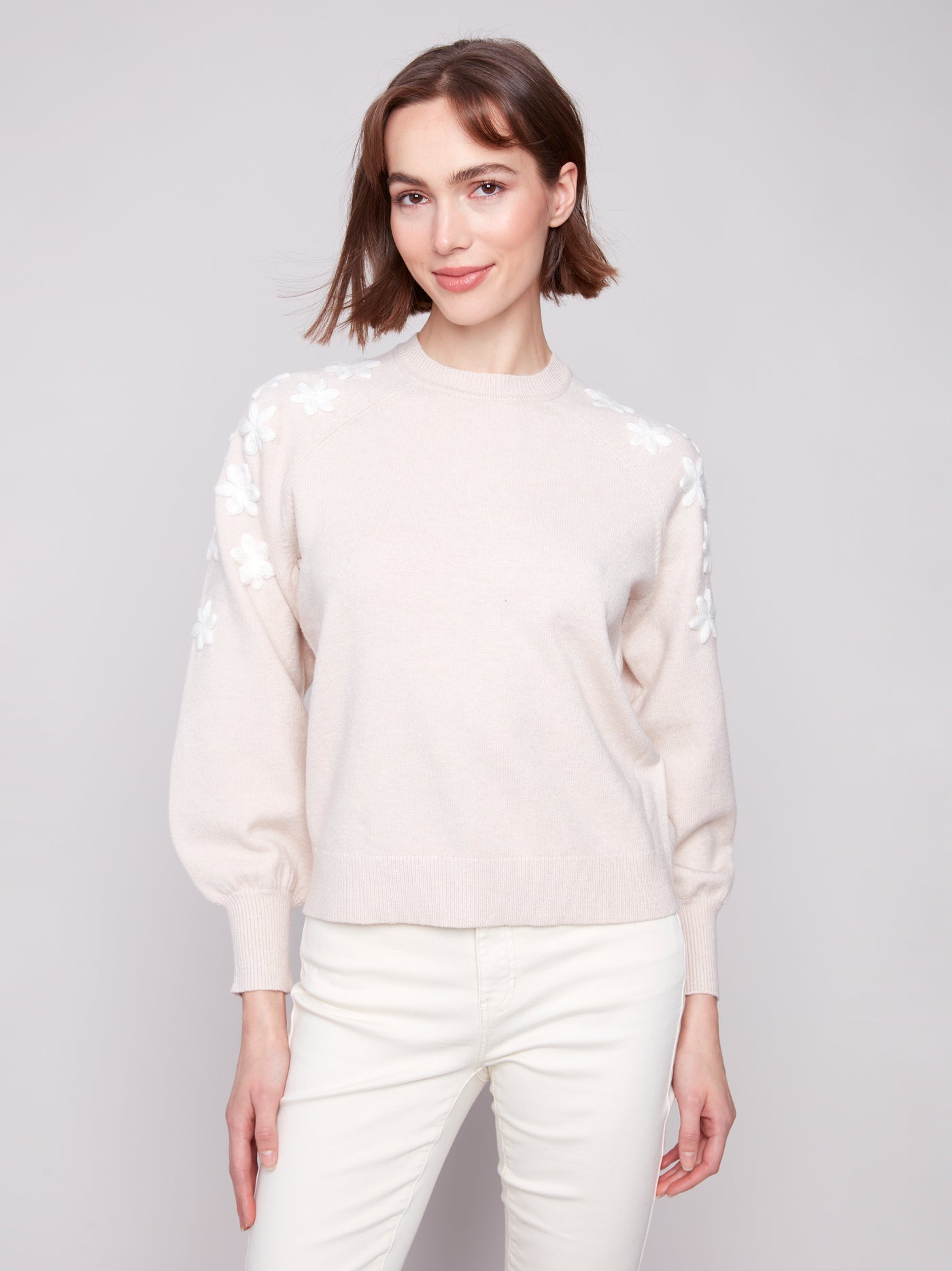 Crew Neck Sweater With Embroidered Flowers Charlie B