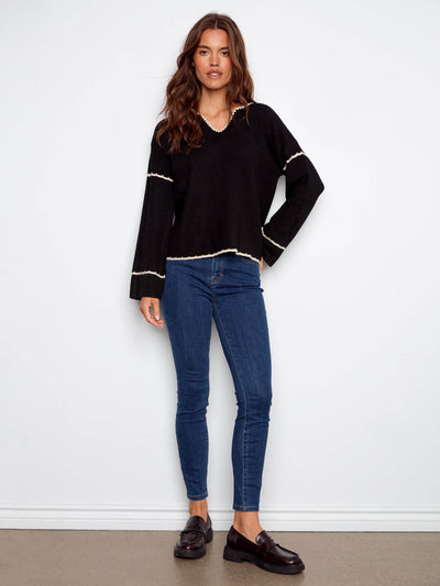 Embroidered Ribbed Sweater with Notch Neck - Dream Pants