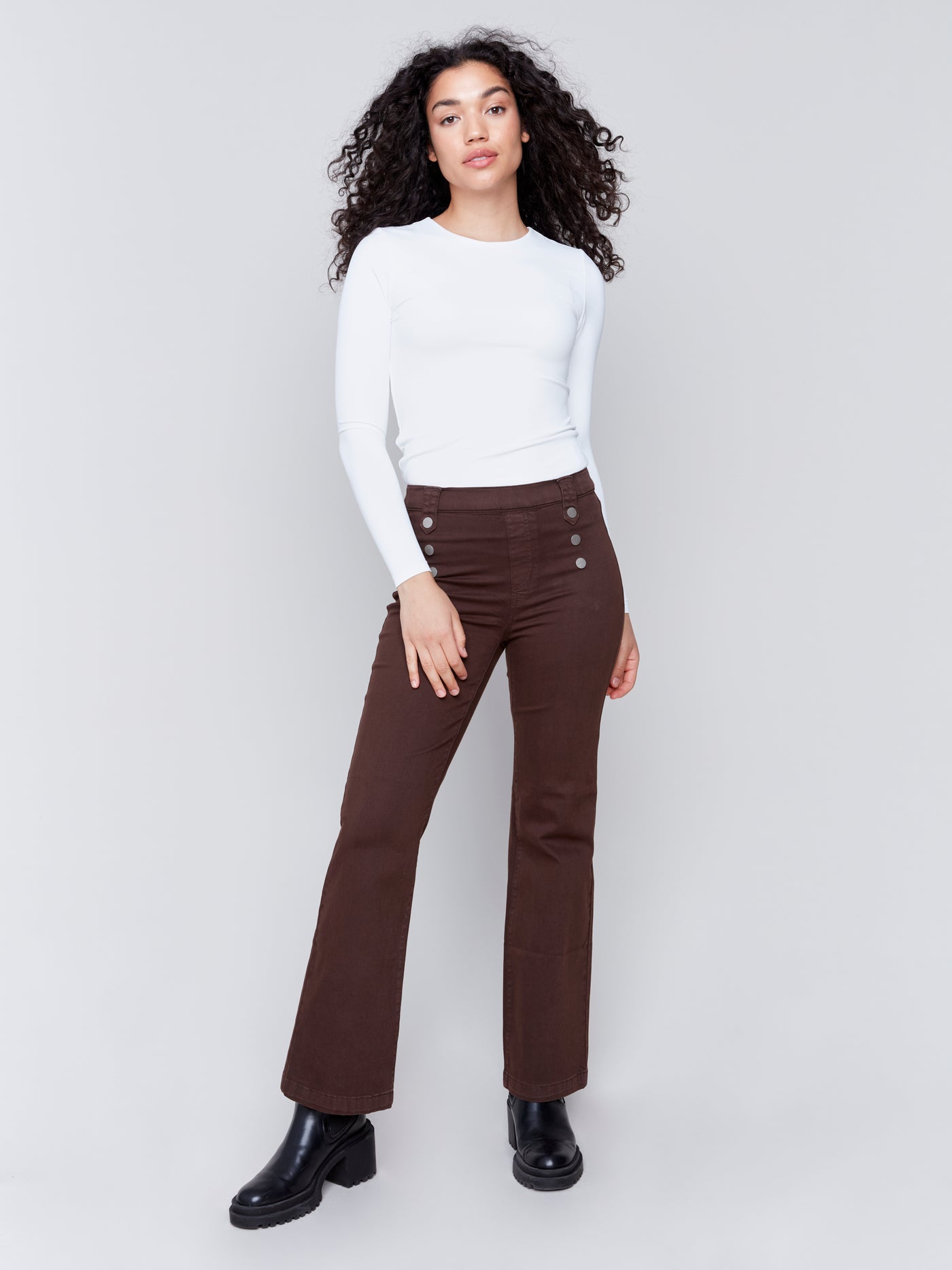 Pull-On Flare Twill Pants with Front Buttons Charlie B