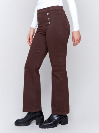 Pull-On Flare Twill Pants with Front Buttons Charlie B