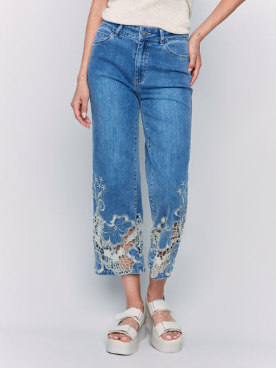 Crop Flare Leg Jeans with Laser Cut Lace Hem Charlie B