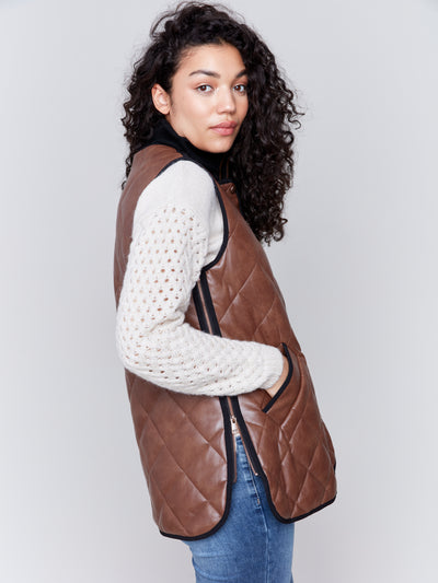 Long Quilted Faux Leather Vest Charlie B