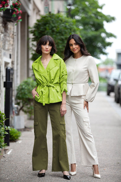 Ruched-Sleeve Wrap Blouse with Waist Tie Elena Wang