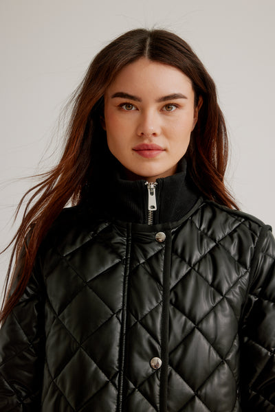 Vegan Leather Zip Front Diamond Quilted Coat Nikki Jones