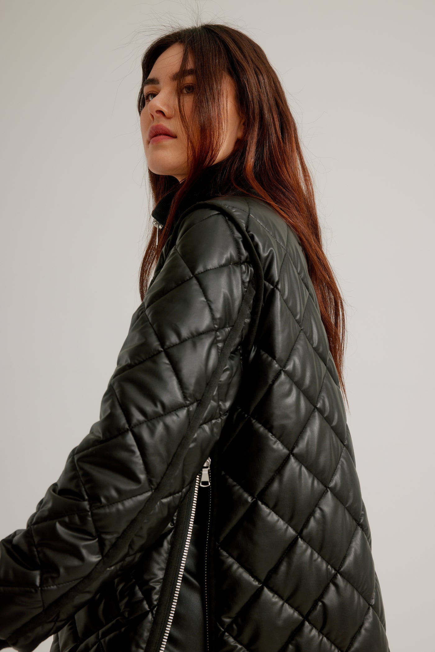 Vegan Leather Zip Front Diamond Quilted Coat Nikki Jones