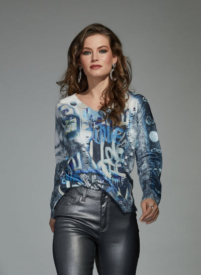 Graffiti Motif V-Neck Top Orly Apparel