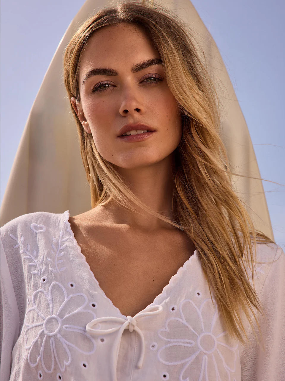 Eyelet Embroidery V-Neck Blouse with Front Ties Charlie B